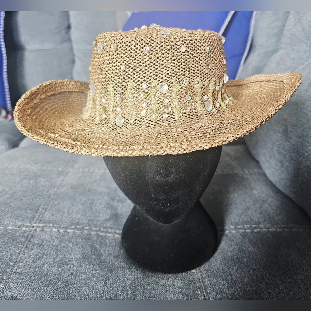 Eric Javits Straw Western Sun Hat with Shell and Sequin Trim - Natural